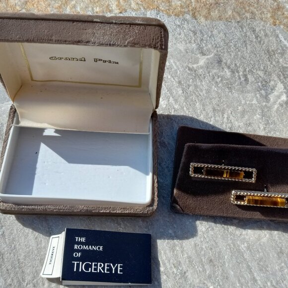 Swank Grand Prix TIGERS EYE Cufflinks Rectangular Gold Bars Original Vel… - Picture 10 of 15